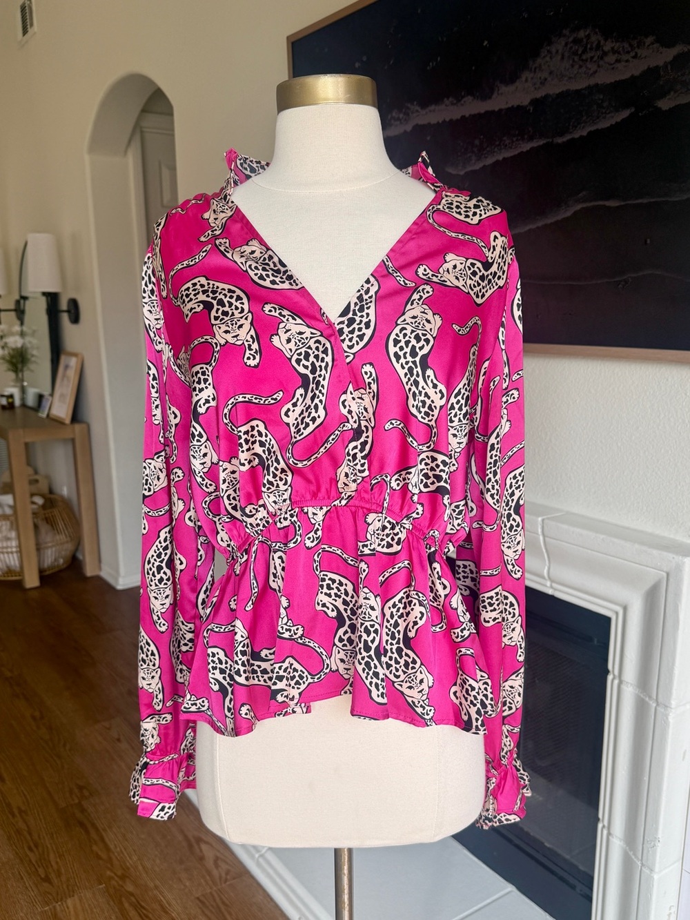 Animal Leopard Graphic Print V-Neck Peplum Blouse Size M
